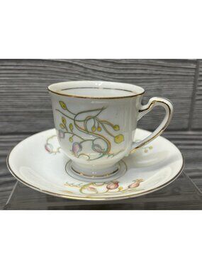 Vintage Three Leaves Demitasse Espresso Cup Saucer Occupied Japan Floral Gold